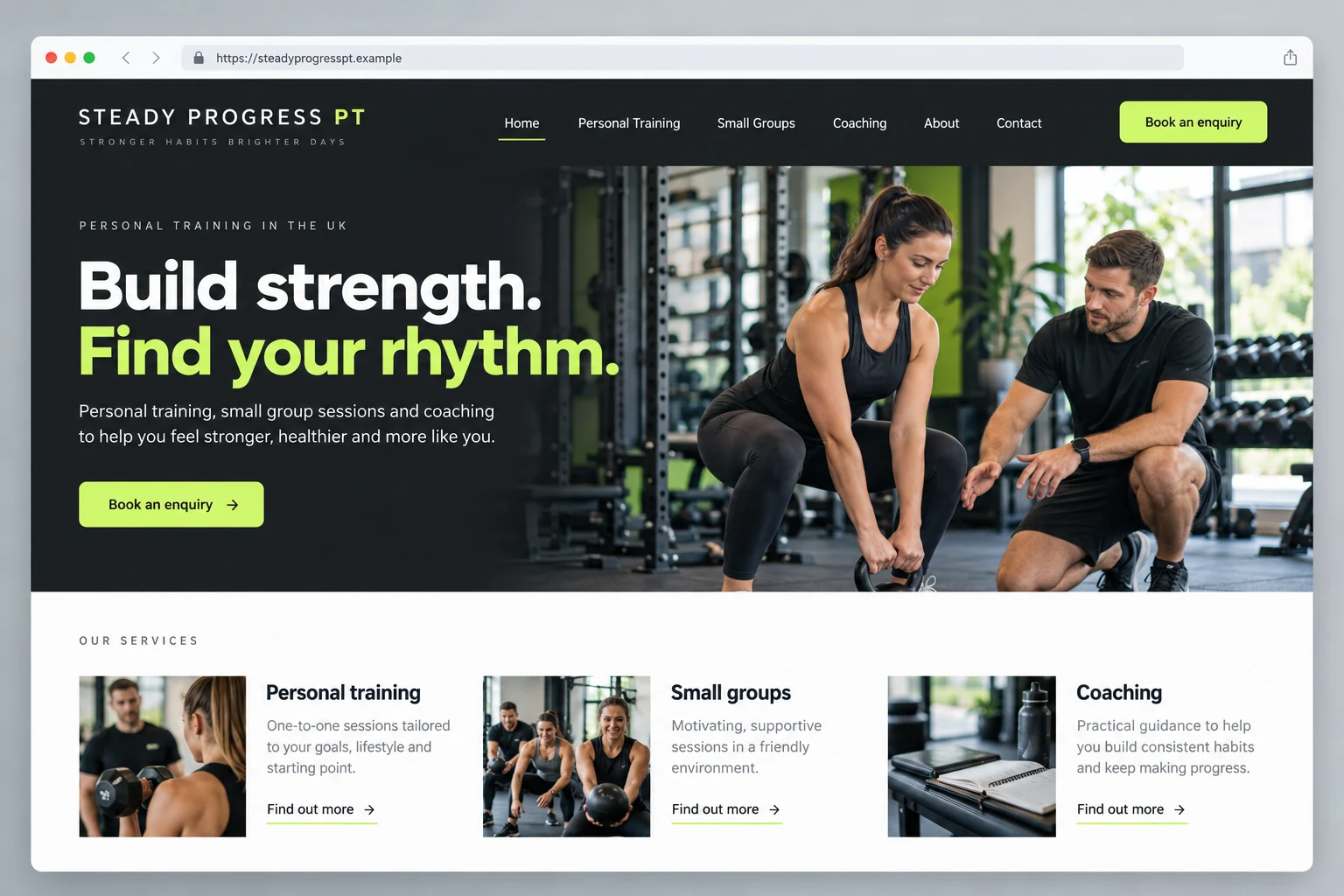 Example web design for personal trainers, showing a gym training session and coaching service sections
