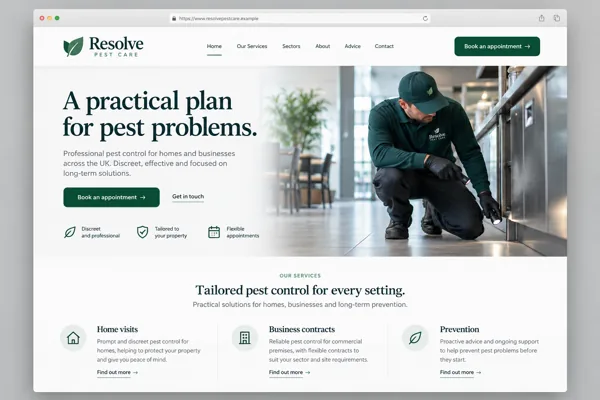 Example web design for pest control businesses, showing a pest-control technician and treatment service sections