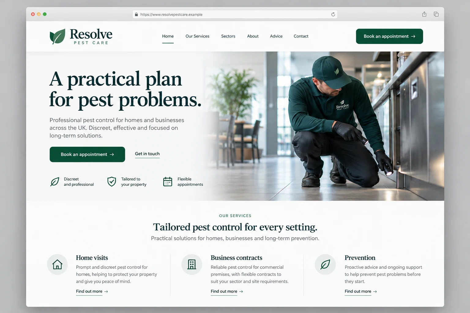 Example web design for pest control businesses, showing a pest-control technician and treatment service sections