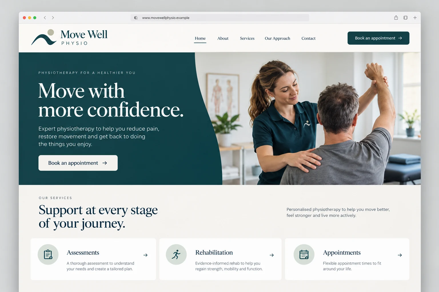Example web design for physiotherapists, showing a physiotherapy session and treatment information