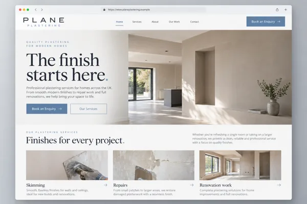 Example web design for plasterers, showing a plastered room and finishing service sections