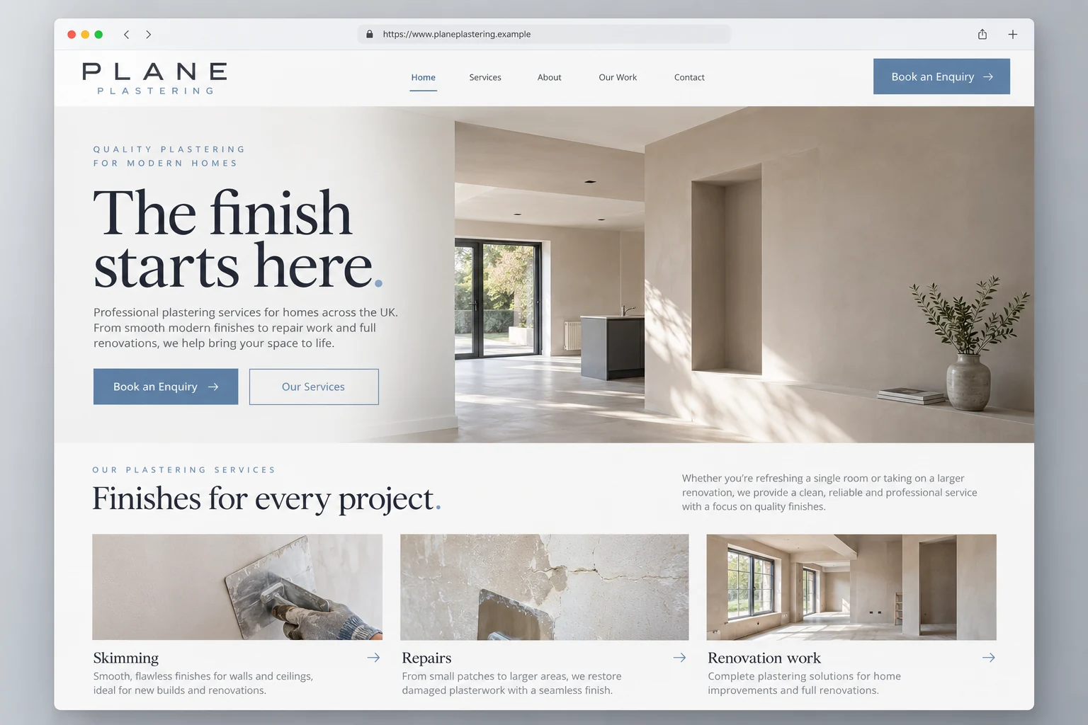 Example web design for plasterers, showing a plastered room and finishing service sections