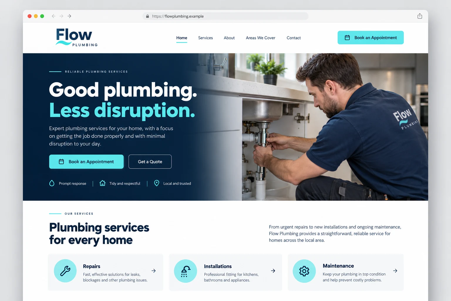 Example web design for plumbers, showing a plumber working beneath a sink and plumbing service sections