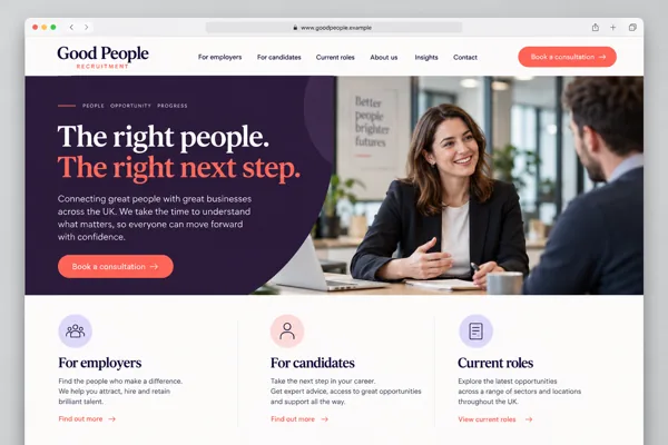 Example web design for recruitment agencies, showing a candidate meeting and recruitment service sections