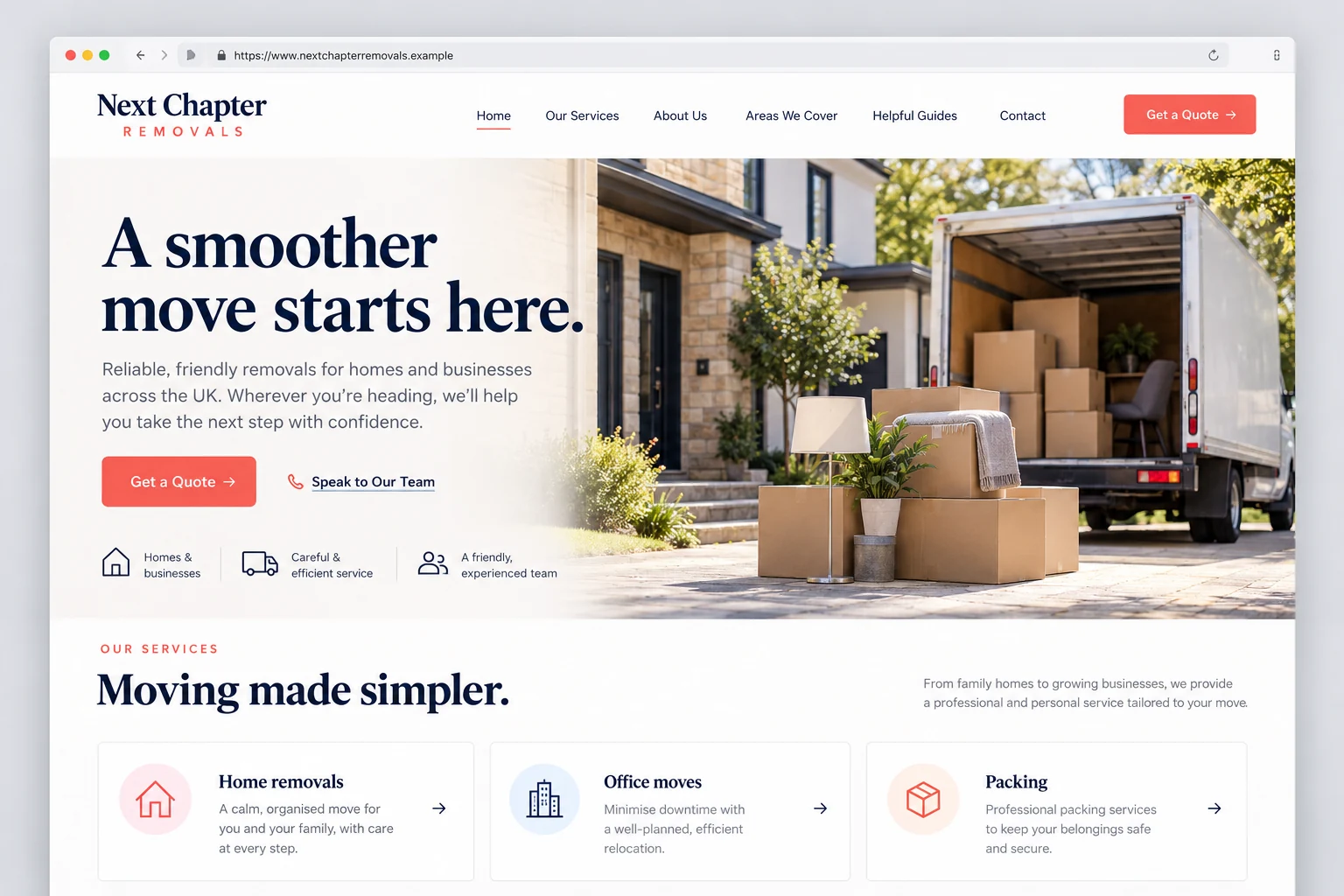 Example web design for removal companies, showing a removals van and moving service information