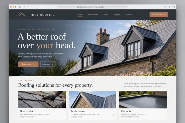 Example web design for roofers, showing a tiled roof and roofing service sections