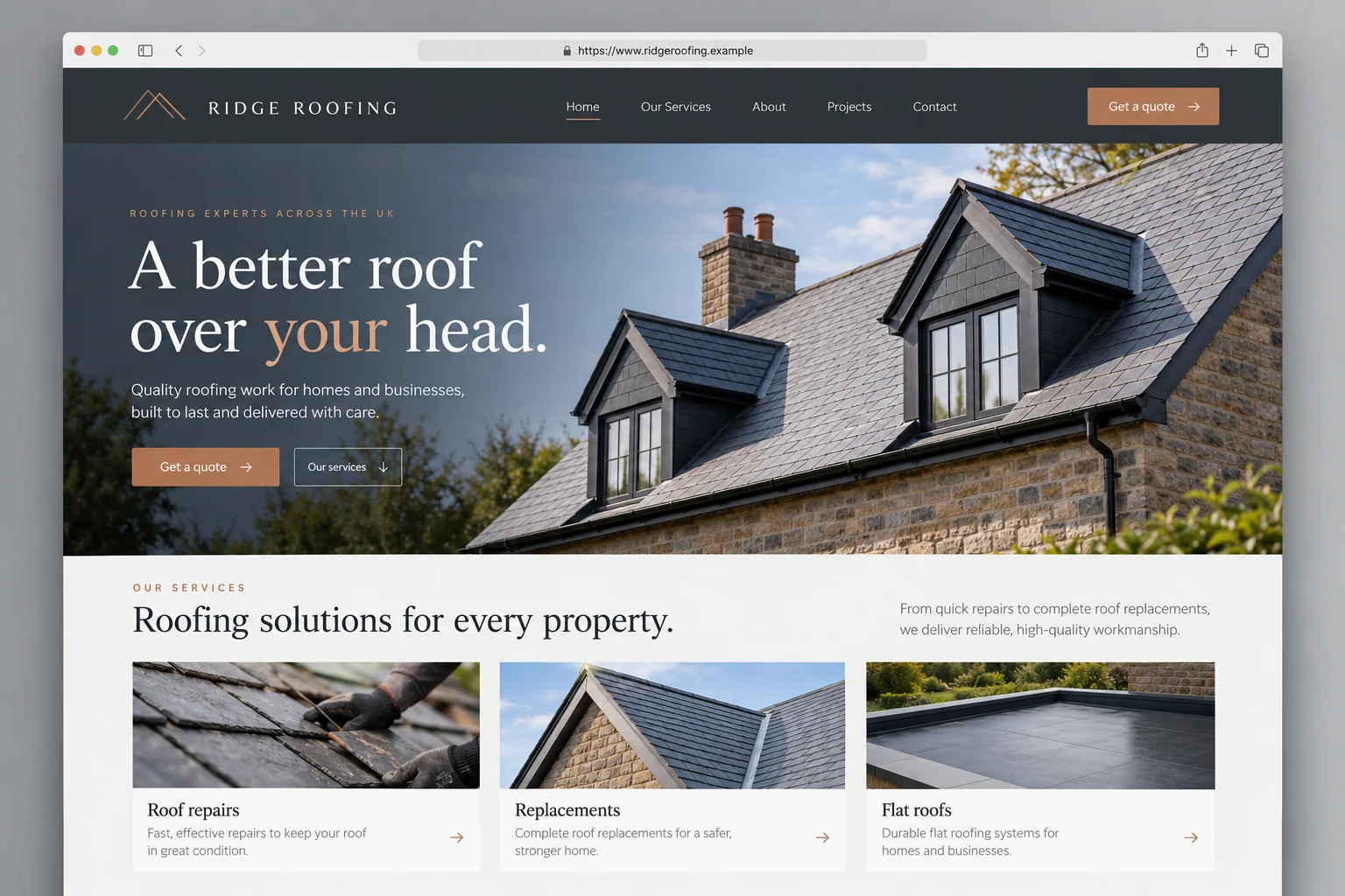 Example web design for roofers, showing a tiled roof and roofing service sections