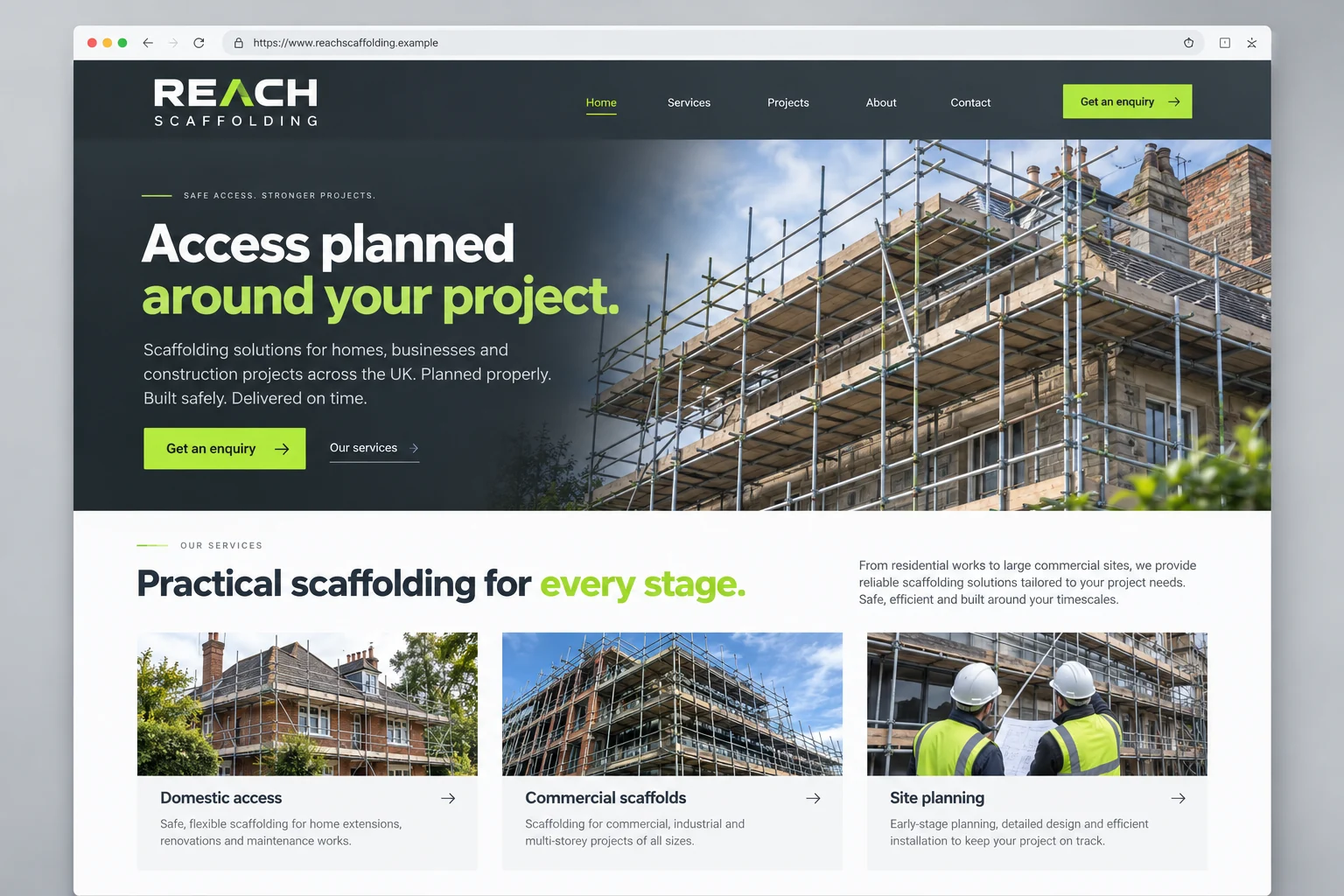 Example web design for scaffolders, showing scaffolding around a building and access service sections