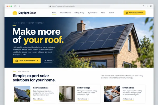 Example web design for solar panel installers, showing rooftop solar panels and installation information