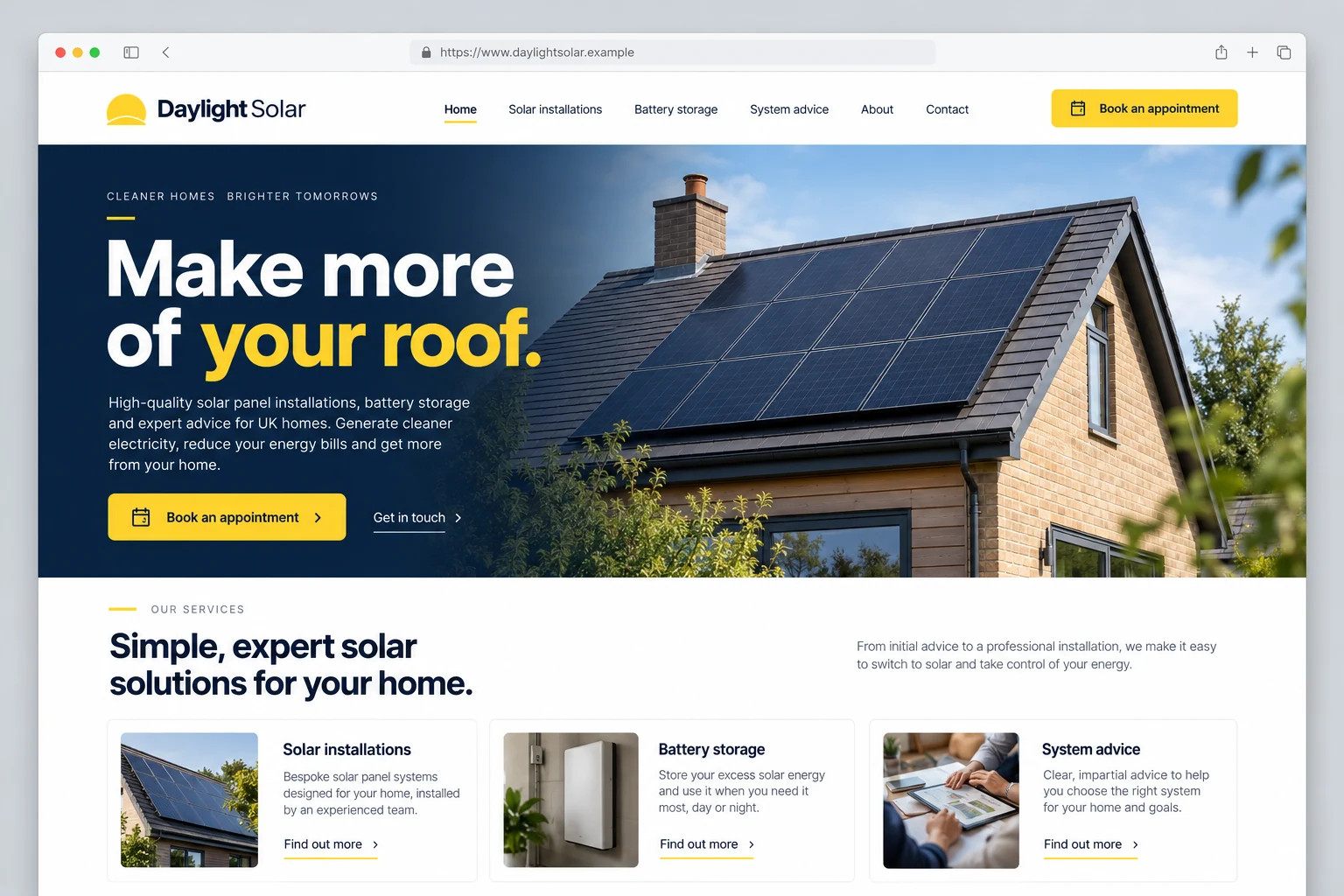 Example web design for solar panel installers, showing rooftop solar panels and installation information