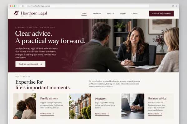 Example web design for solicitors, showing a client consultation and legal service sections
