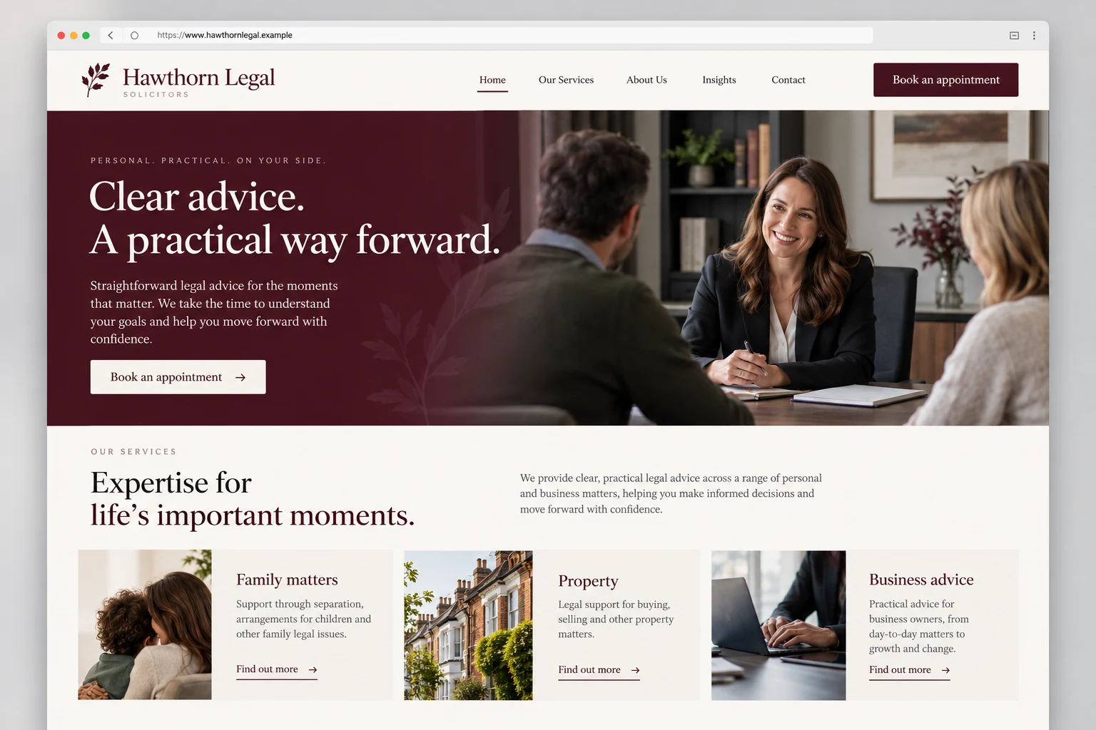 Example web design for solicitors, showing a client consultation and legal service sections