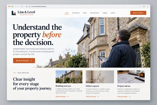 Example web design for surveyors, showing a property survey and surveying service sections