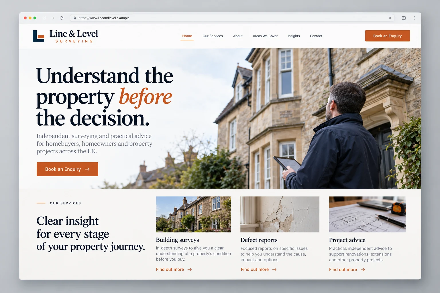 Example web design for surveyors, showing a property survey and surveying service sections
