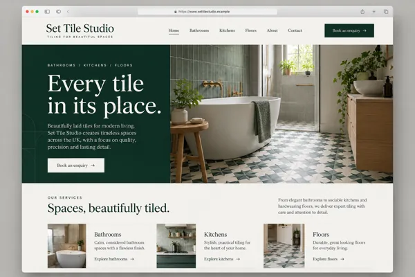 Example web design for tilers, showing a tiled bathroom and tiling service sections