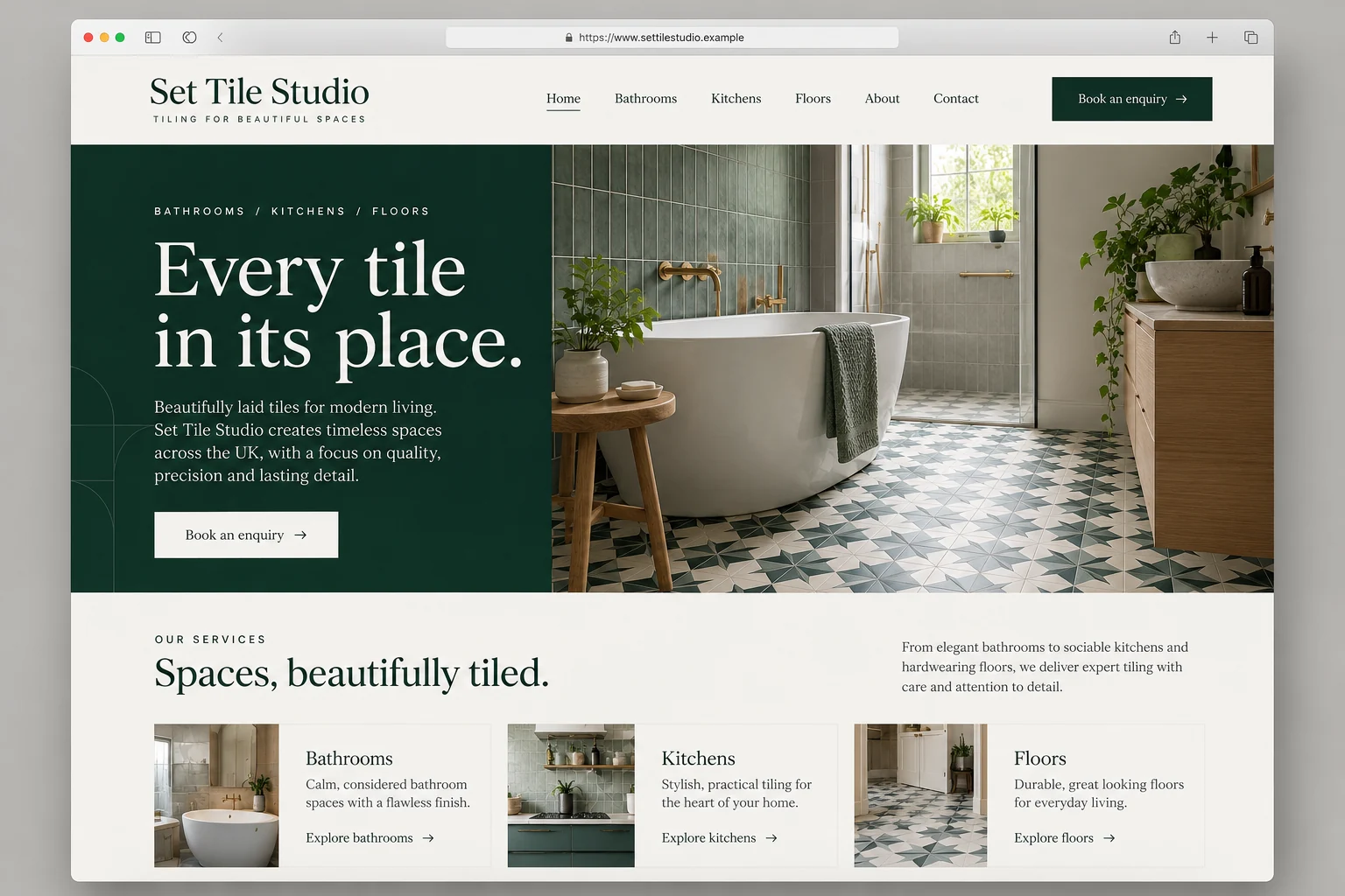 Example web design for tilers, showing a tiled bathroom and tiling service sections