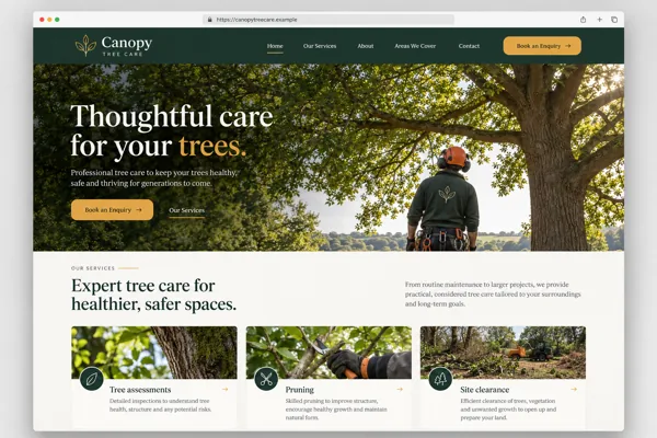 Example web design for tree surgeons, showing a tree canopy and tree care service sections
