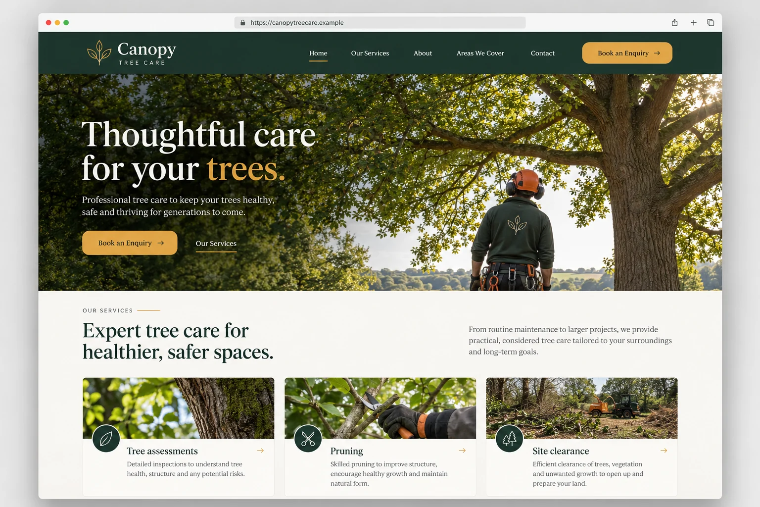 Example web design for tree surgeons, showing a tree canopy and tree care service sections