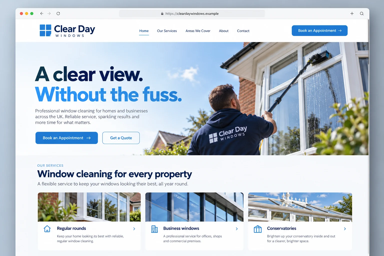 Example web design for window cleaners, showing a window cleaner and property cleaning service sections