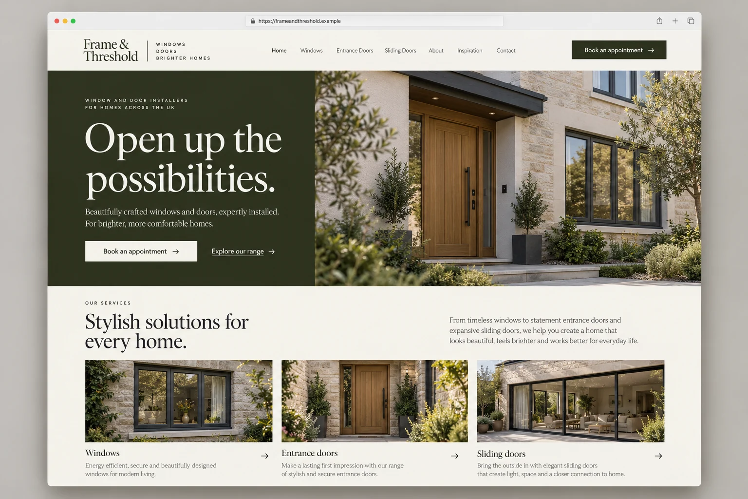 Example web design for window and door installers, showing fitted patio doors and installation service sections