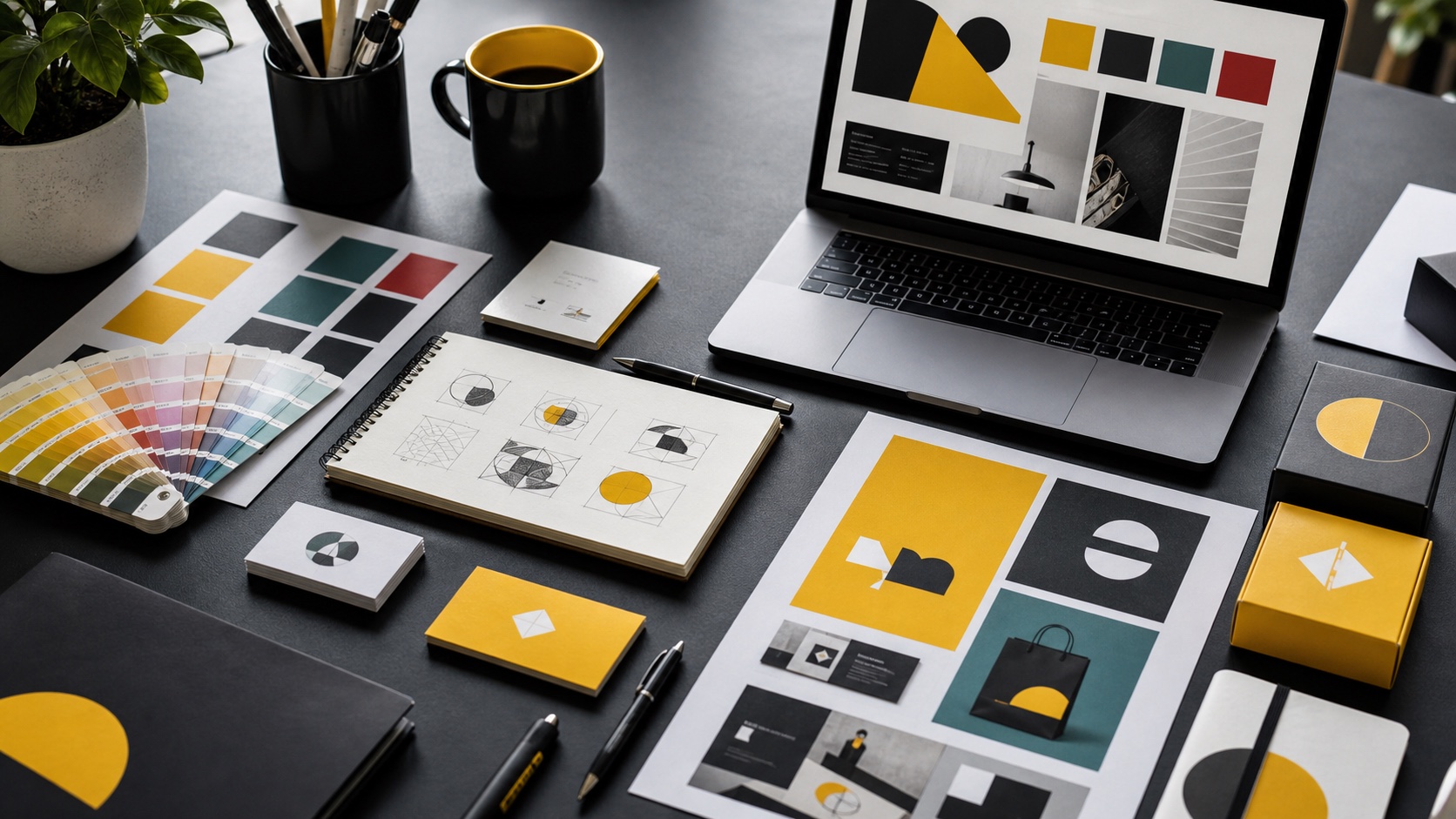 Branding and visual identity materials arranged for Giraffe Digital brand design work.