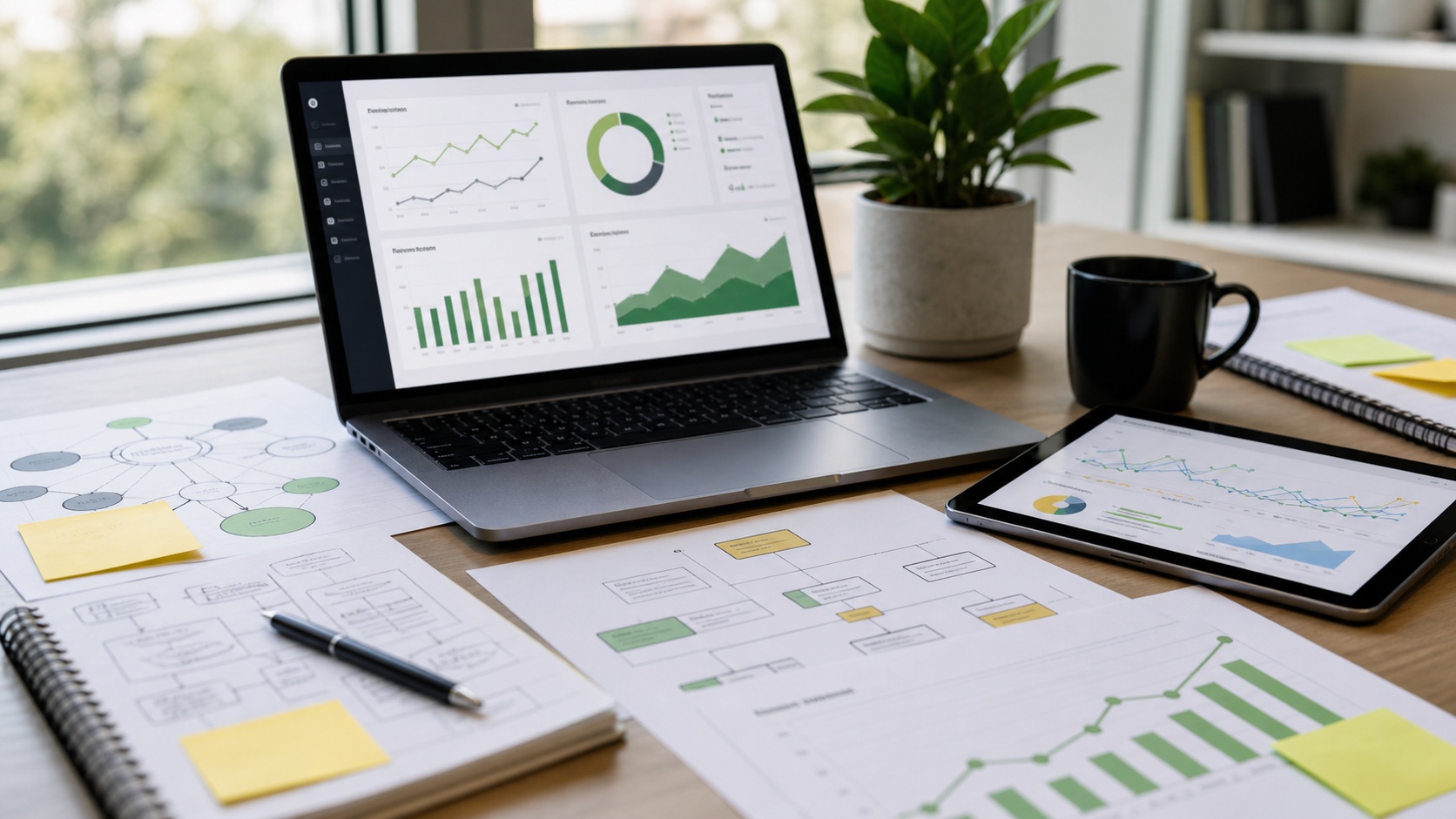 Search engine optimisation strategy desk with analytics charts for Giraffe Digital SEO planning.