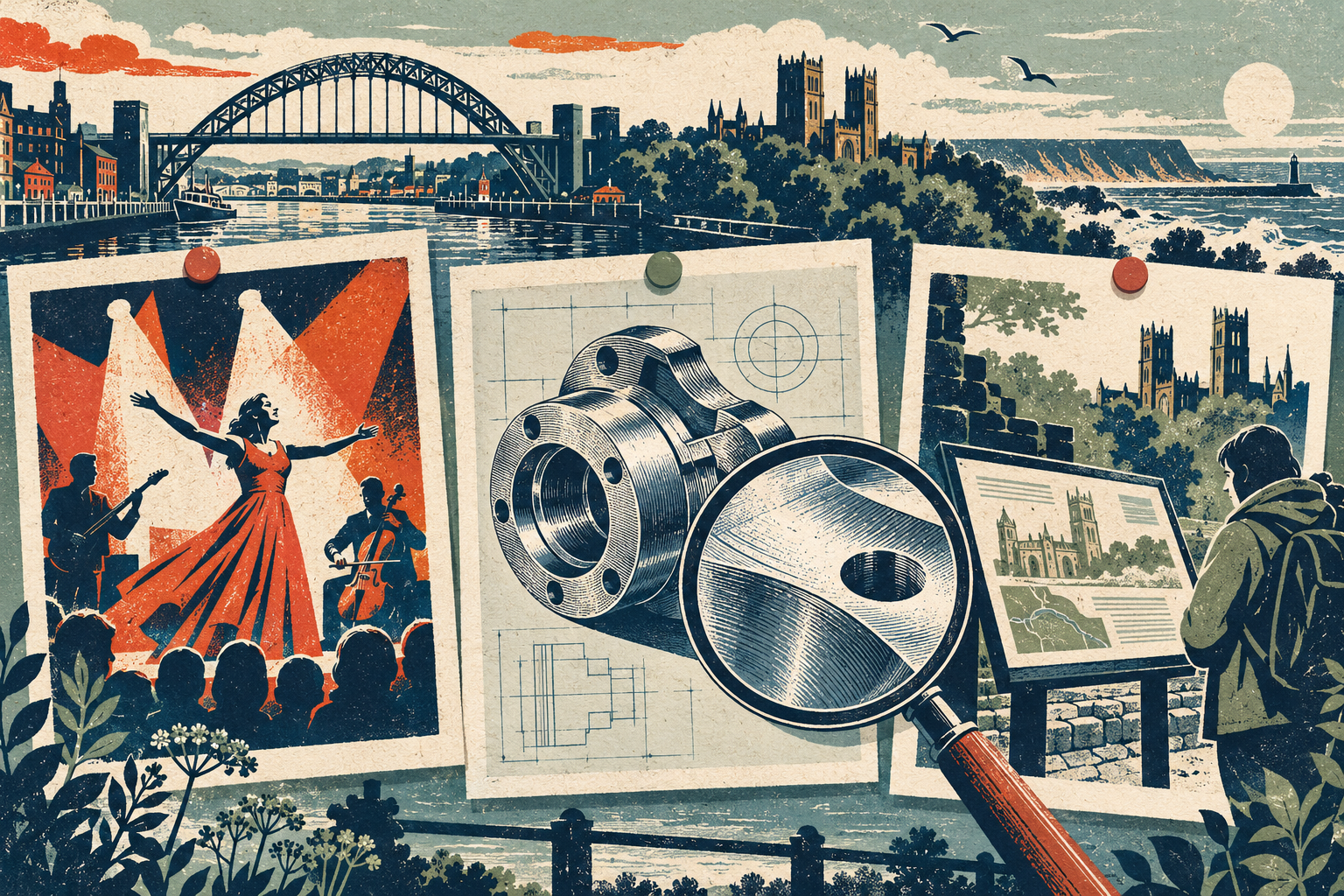 North East portfolio content illustrated through project images and a magnifying glass