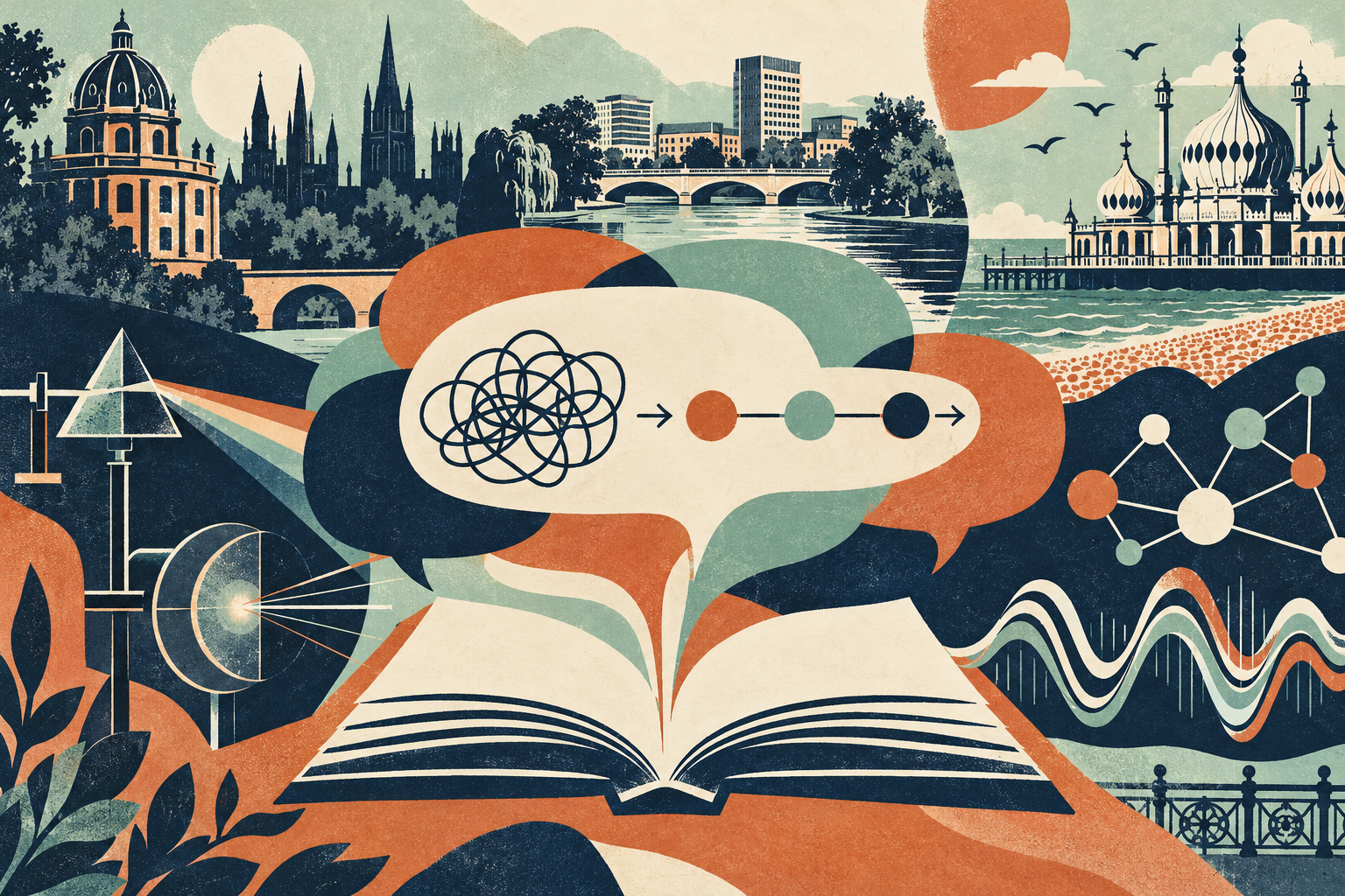 Technical website vocabulary illustrated by an open book and connected explanatory diagrams
